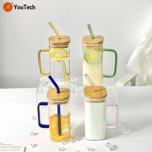 Beautiful glass cup with bamboo cover and reusable glass straw🤩